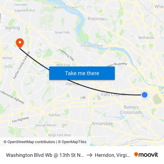 Washington Blvd Wb @ 13th St N Ns to Herndon, Virginia map