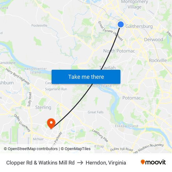 Clopper Rd & Watkins Mill Rd to Herndon, Virginia map