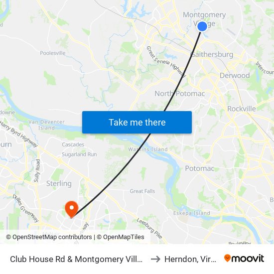 Club House Rd & Montgomery Village Ave to Herndon, Virginia map