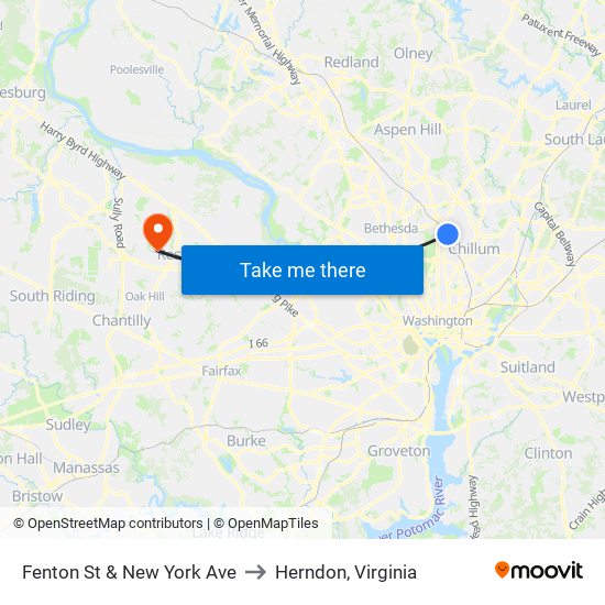 Fenton St & New York Ave to Herndon, Virginia map