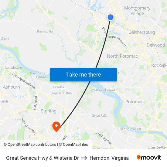 Great Seneca Hwy & Wisteria Dr to Herndon, Virginia map