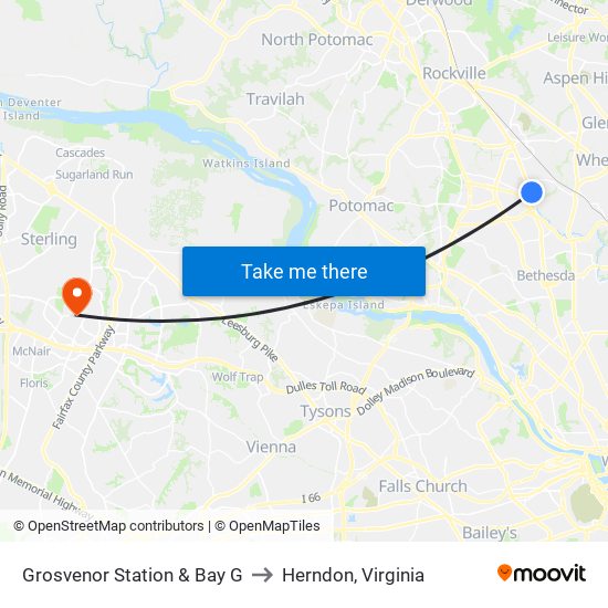 Grosvenor Station & Bay G to Herndon, Virginia map