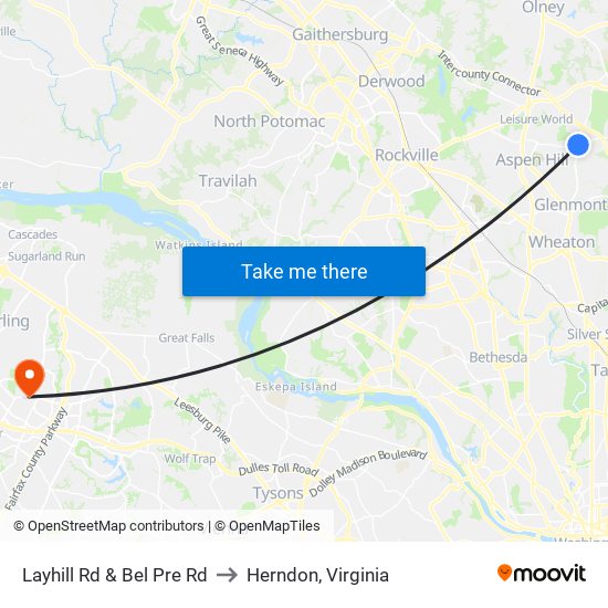 Layhill Rd & Bel Pre Rd to Herndon, Virginia map