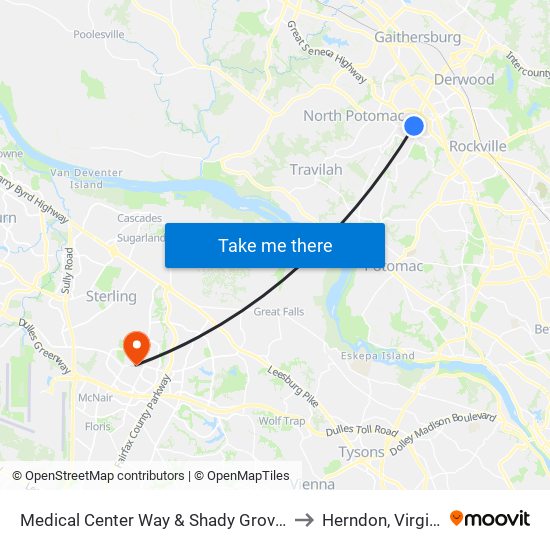 Medical Center Way & Shady Grove Rd to Herndon, Virginia map