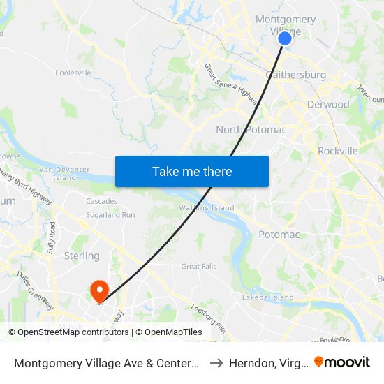 Montgomery Village Ave & Centerway Rd to Herndon, Virginia map