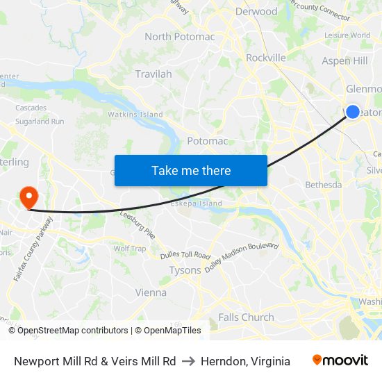 Newport Mill Rd & Veirs Mill Rd to Herndon, Virginia map