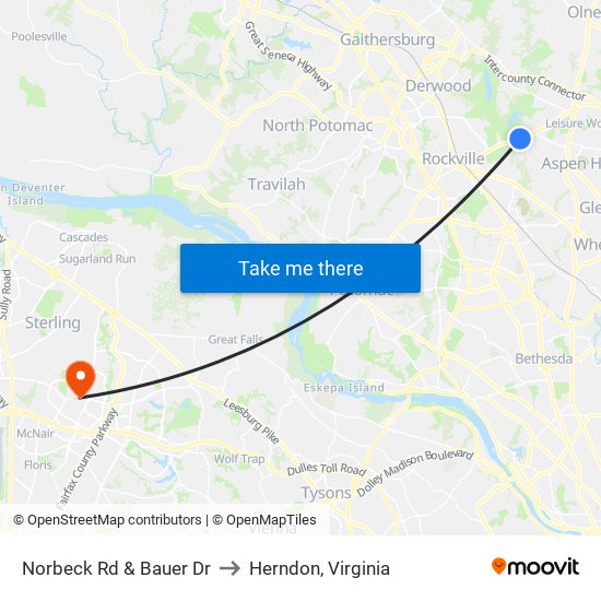 Norbeck Rd & Bauer Dr to Herndon, Virginia map