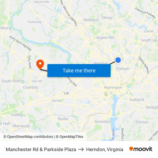 Manchester Rd & Parkside Plaza to Herndon, Virginia map