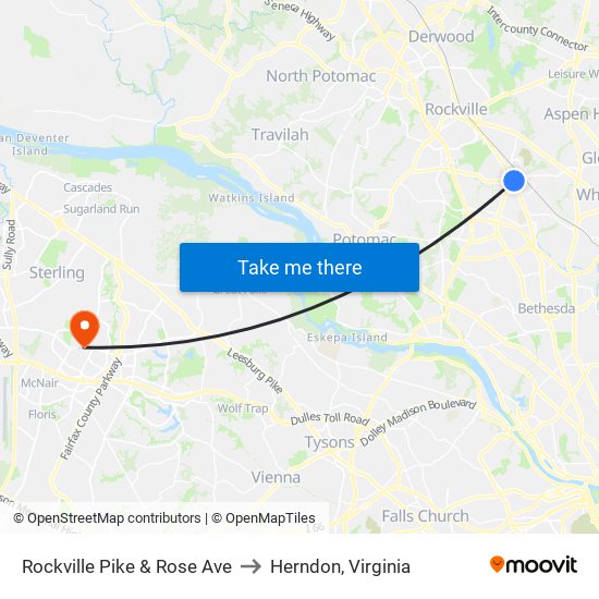 Rockville Pike & Rose Ave to Herndon, Virginia map