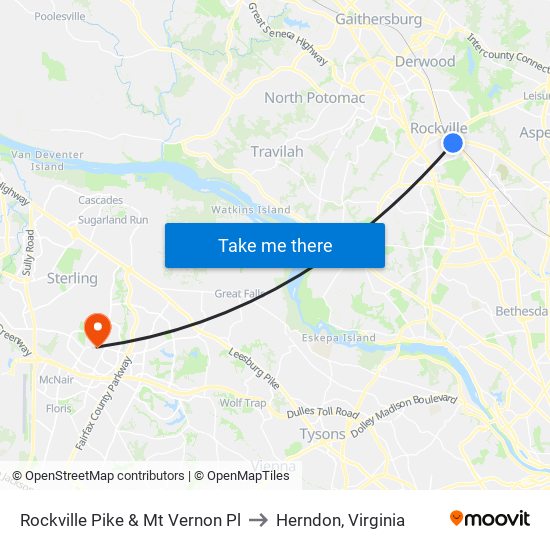 Rockville Pike & Mt Vernon Pl to Herndon, Virginia map