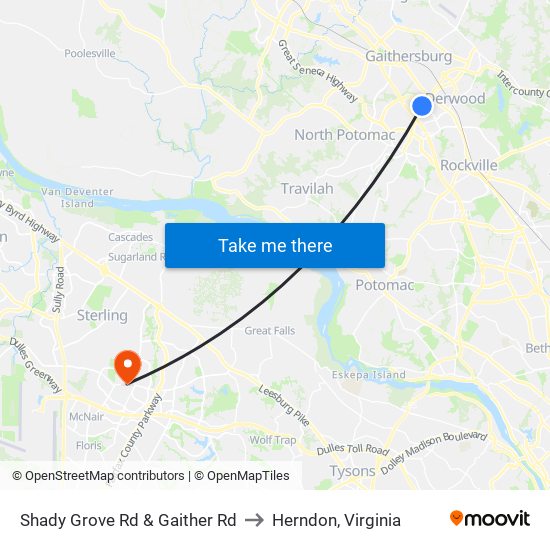 Shady Grove Rd & Gaither Rd to Herndon, Virginia map