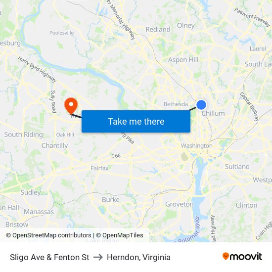 Sligo Ave & Fenton St to Herndon, Virginia map