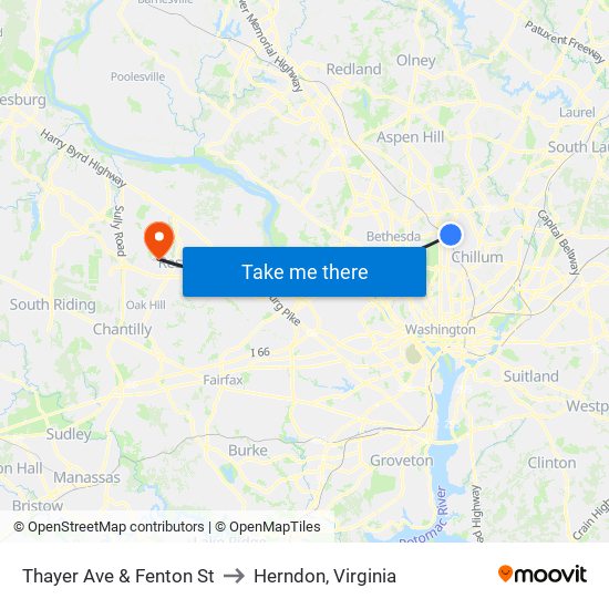 Thayer Ave & Fenton St to Herndon, Virginia map