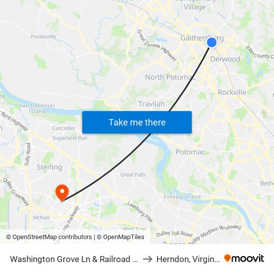 Washington Grove Ln & Railroad St to Herndon, Virginia map