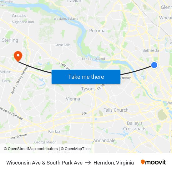 Wisconsin Ave & South Park Ave to Herndon, Virginia map