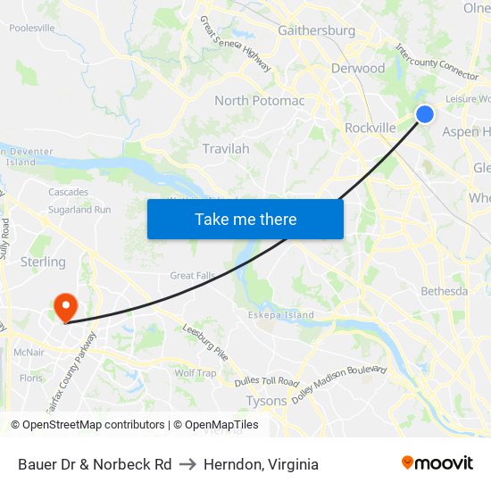 Bauer Dr & Norbeck Rd to Herndon, Virginia map