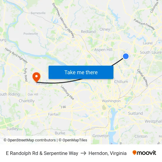 E Randolph Rd & Serpentine Way to Herndon, Virginia map