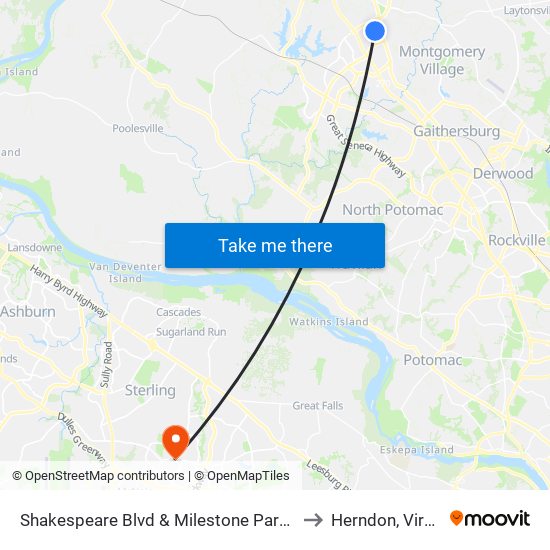 Shakespeare Blvd & Milestone Park & Ride to Herndon, Virginia map