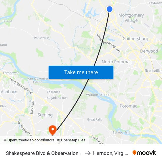 Shakespeare Blvd & Observation Dr to Herndon, Virginia map