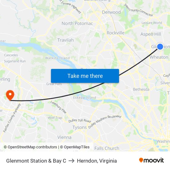 Glenmont Station & Bay C to Herndon, Virginia map