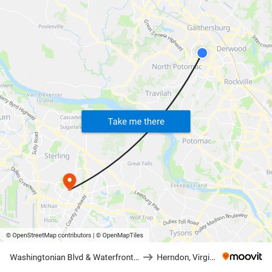 Washingtonian Blvd & Waterfront Pl to Herndon, Virginia map