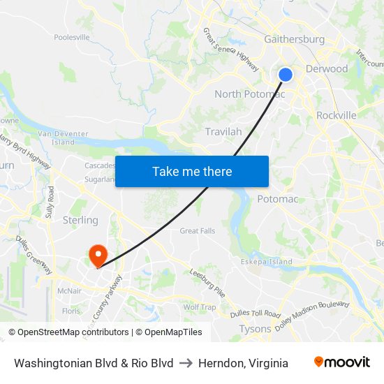 Washingtonian Blvd & Rio Blvd to Herndon, Virginia map