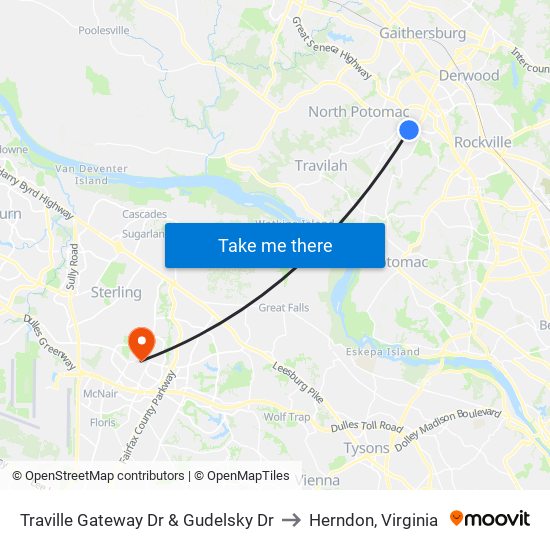 Traville Gateway Dr & Gudelsky Dr to Herndon, Virginia map