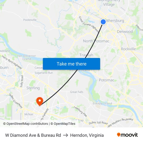 W Diamond Ave & Bureau Rd to Herndon, Virginia map