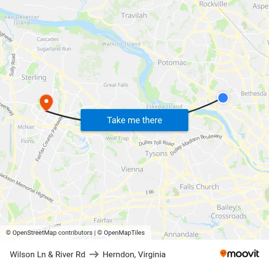 Wilson Ln & River Rd to Herndon, Virginia map