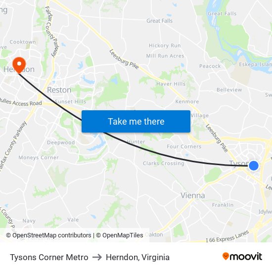 Tysons Corner Metro to Herndon, Virginia map