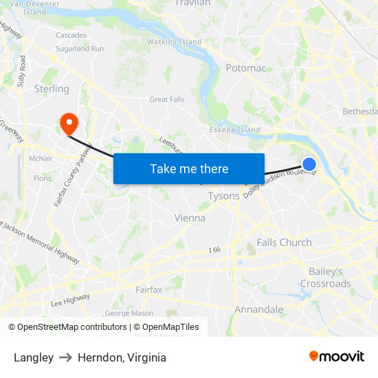 Langley to Herndon, Virginia map