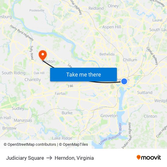 Judiciary Square to Herndon, Virginia map