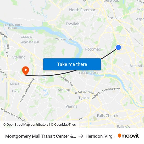 Montgomery Mall Transit Center & Bay E to Herndon, Virginia map