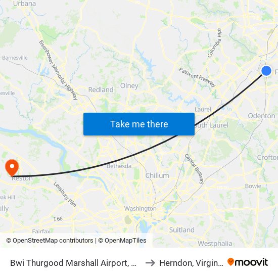 Bwi Thurgood Marshall  Airport, Md to Herndon, Virginia map