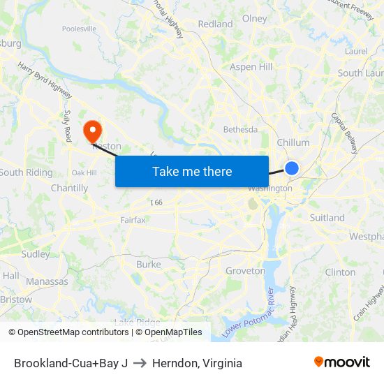 Brookland-Cua+Bay J to Herndon, Virginia map