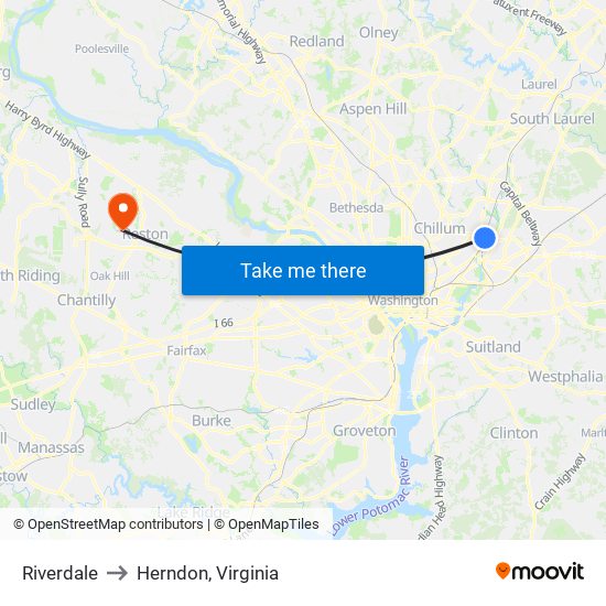 Riverdale to Herndon, Virginia map