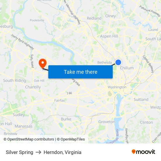 Silver Spring to Herndon, Virginia map