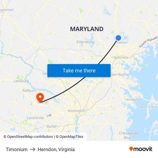 Timonium to Herndon, Virginia map