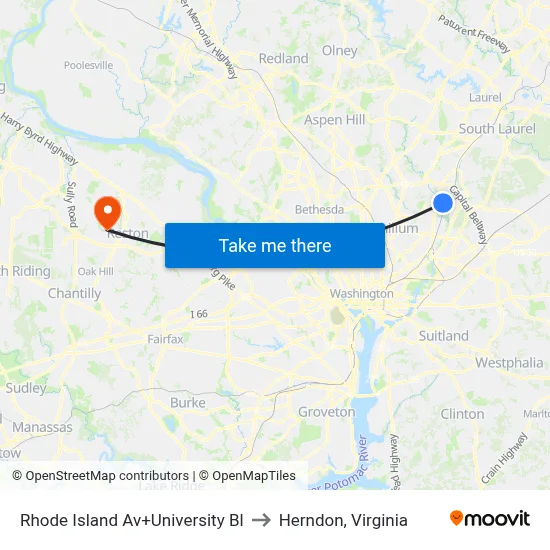 Rhode Island Av+University Bl to Herndon, Virginia map