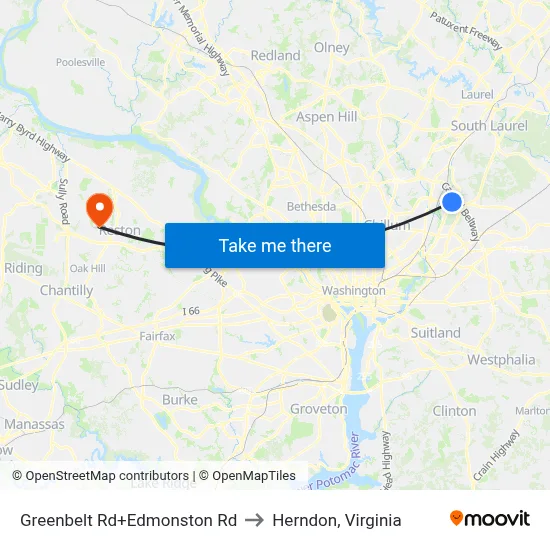 Greenbelt Rd+Edmonston Rd to Herndon, Virginia map