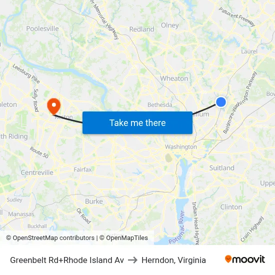 Greenbelt Rd+Rhode Island Av to Herndon, Virginia map