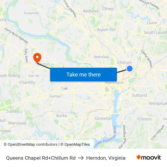 Queens Chapel Rd+Chillum Rd to Herndon, Virginia map