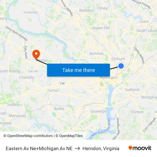 Eastern Av Ne+Michigan Av NE to Herndon, Virginia map