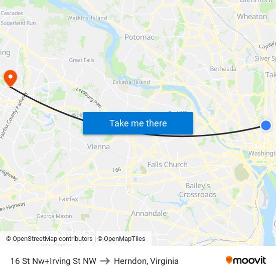 16 St Nw+Irving St NW to Herndon, Virginia map