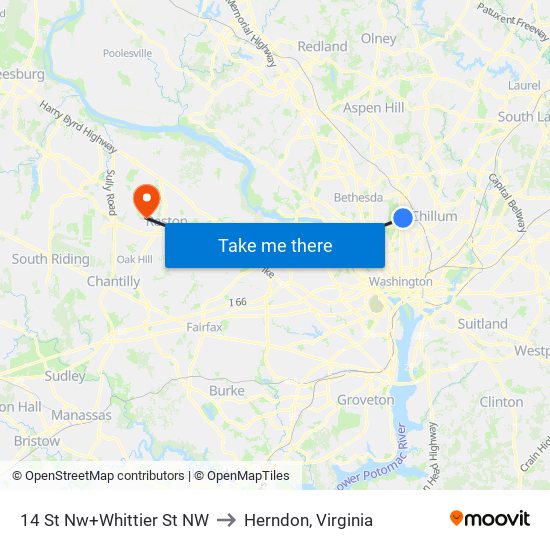 14 St Nw+Whittier St NW to Herndon, Virginia map