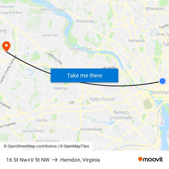 16 St Nw+V St NW to Herndon, Virginia map