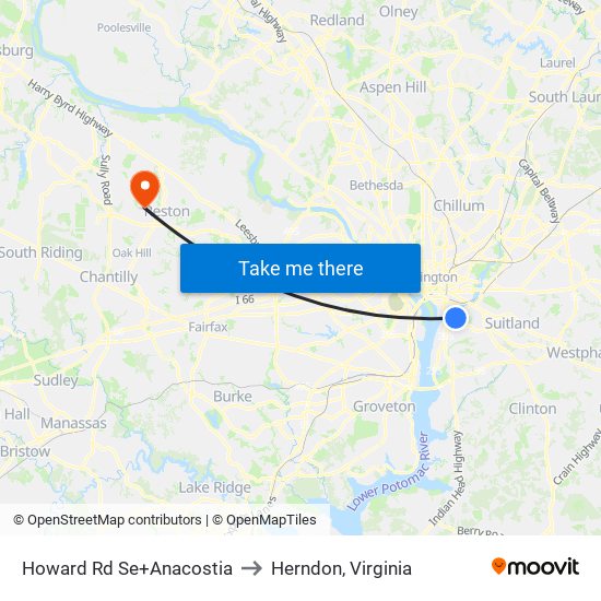 Howard Rd Se+Anacostia to Herndon, Virginia map