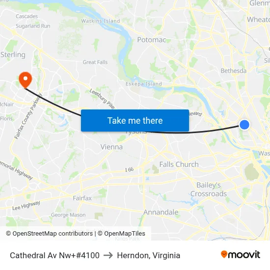 Cathedral Av Nw+#4100 to Herndon, Virginia map