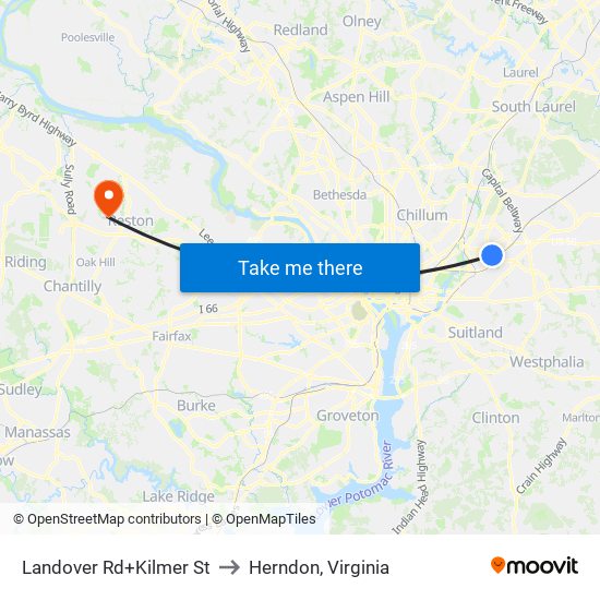 Landover Rd+Kilmer St to Herndon, Virginia map