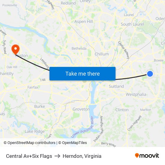 Central Av+Six Flags to Herndon, Virginia map